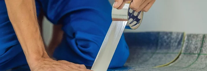 Person verklebt Dämmmaterial mit Aluklebeband.